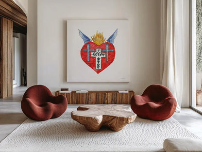 Sacred Heart II by Mercedes Lopez Charro. Shown as extra-large giant wall art in a modern living room. Available as an archival giclee rolled canvas, fine art paper, or poster print. SKU 82858a.