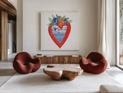 Sacred Heart III by Mercedes Lopez Charro. Shown as extra-large giant wall art in a modern living room. Available as an archival giclee rolled canvas, fine art paper, or poster print. SKU 82859a.