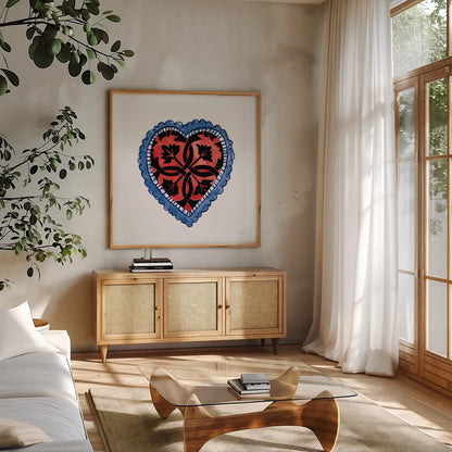 Sacred Heart IV by Mercedes Lopez Charro. Shown in a natural wood frame in a cozy modern living room. Available as an archival giclee rolled canvas, fine art paper, or poster print. SKU 82860a.
