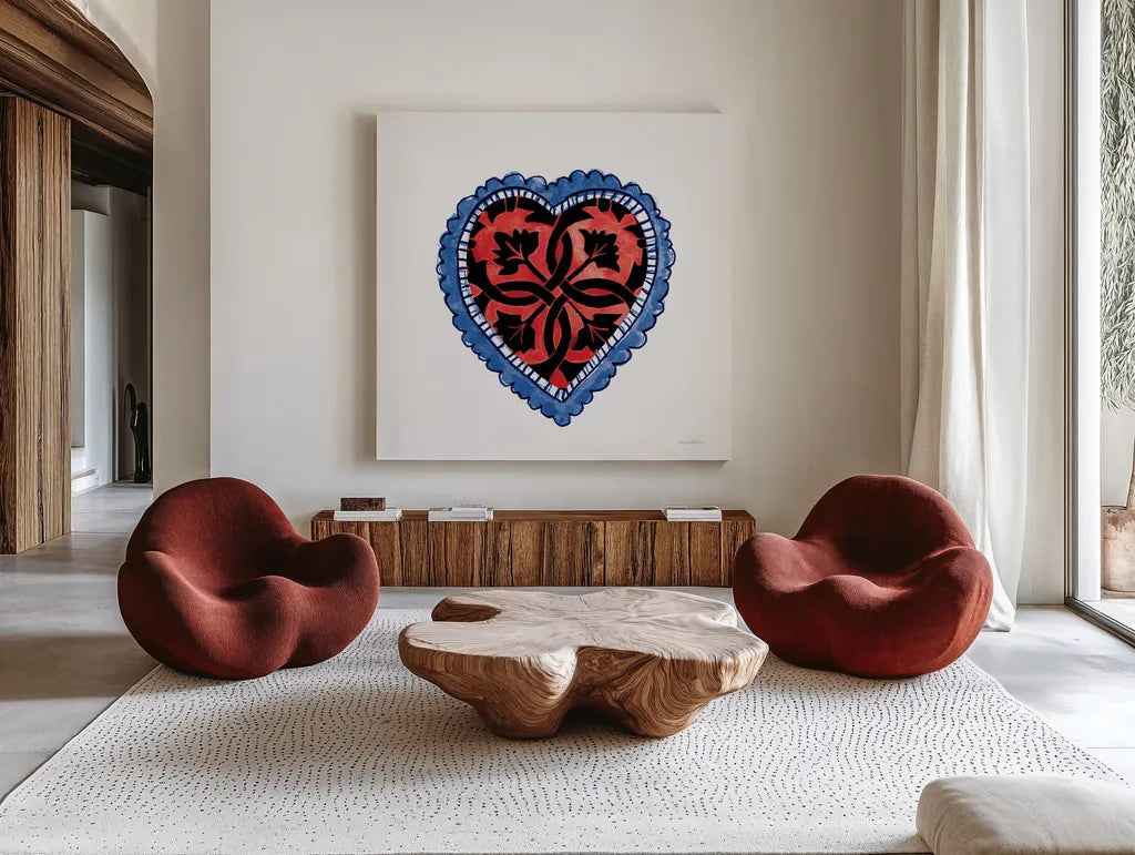 Sacred Heart IV by Mercedes Lopez Charro. Shown as extra-large giant wall art in a modern living room. Available as an archival giclee rolled canvas, fine art paper, or poster print. SKU 82860a.