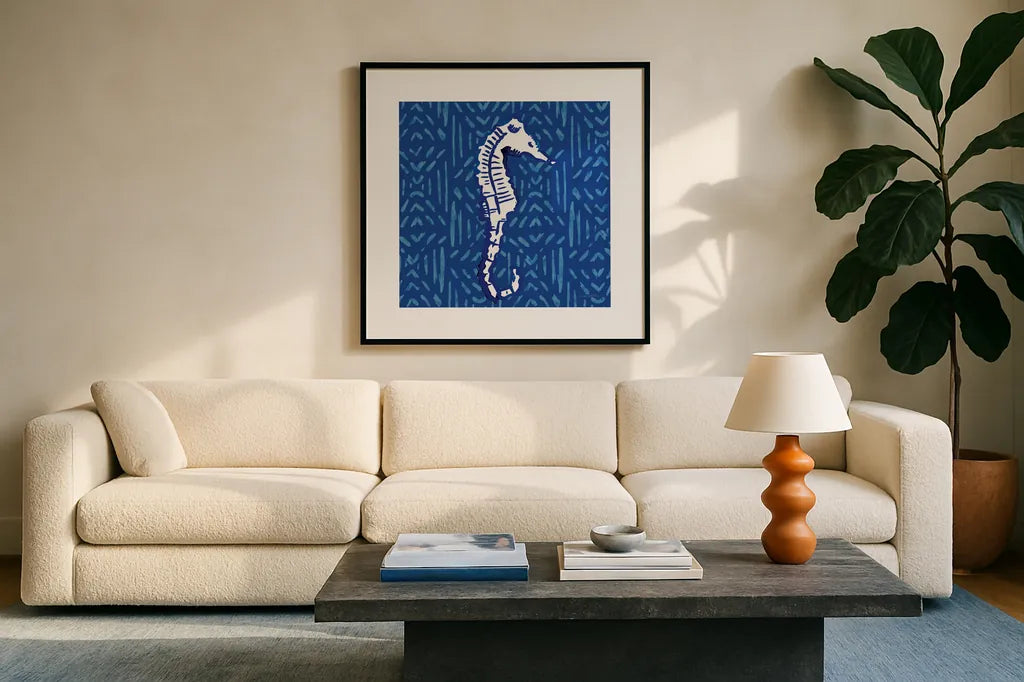 Salty Waves IX by Mercedes Lopez Charro. Displayed in a glass frame with matte in a clean modern living room. Available as an archival giclee rolled canvas, fine art paper, or poster print. SKU 78680a.