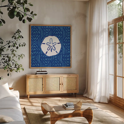 Salty Waves VII by Mercedes Lopez Charro. Shown in a natural wood frame in a cozy modern living room. Available as an archival giclee rolled canvas, fine art paper, or poster print. SKU 78678a.