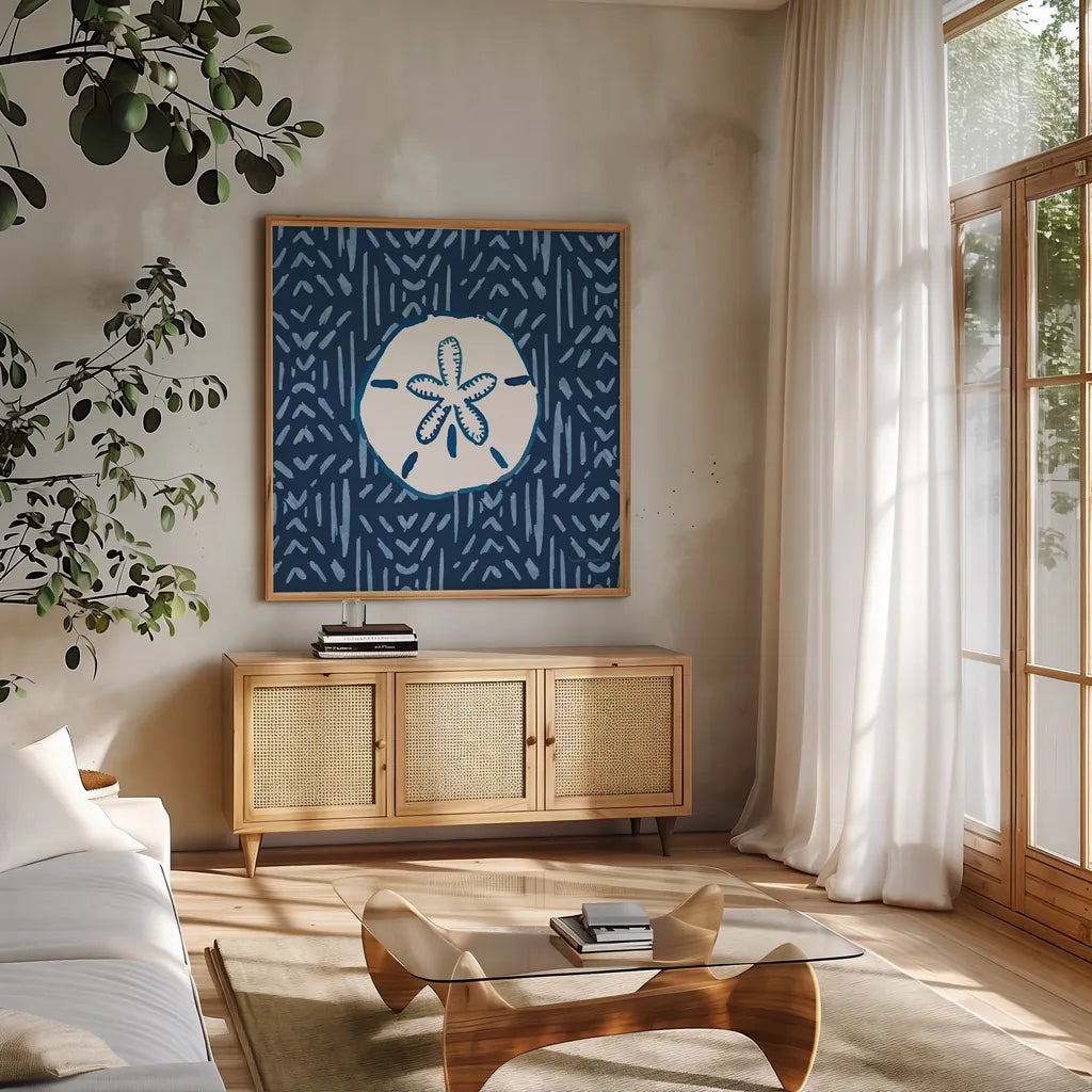 Salty Waves VII Dark by Mercedes Lopez Charro. Shown in a natural wood frame in a cozy modern living room. Available as an archival giclee rolled canvas, fine art paper, or poster print. SKU 88625a.