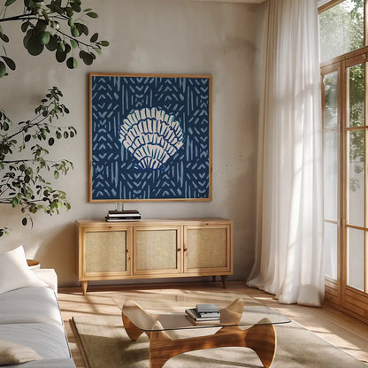Salty Waves VIII Dark by Mercedes Lopez Charro. Shown in a natural wood frame in a cozy modern living room. Available as an archival giclee rolled canvas, fine art paper, or poster print. SKU 88626a.