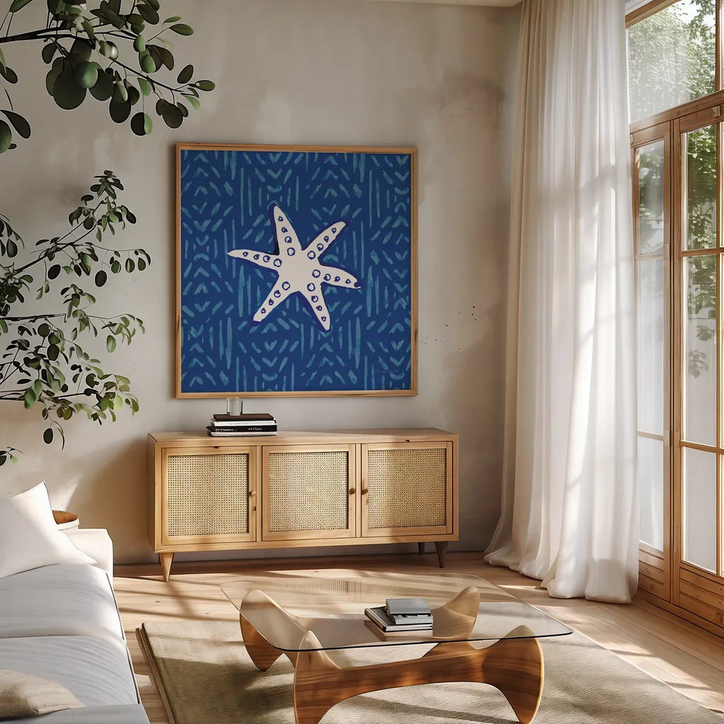 Salty Waves X by Mercedes Lopez Charro. Shown in a natural wood frame in a cozy modern living room. Available as an archival giclee rolled canvas, fine art paper, or poster print. SKU 78681a.