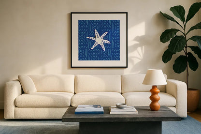 Salty Waves X by Mercedes Lopez Charro. Displayed in a glass frame with matte in a clean modern living room. Available as an archival giclee rolled canvas, fine art paper, or poster print. SKU 78681a.