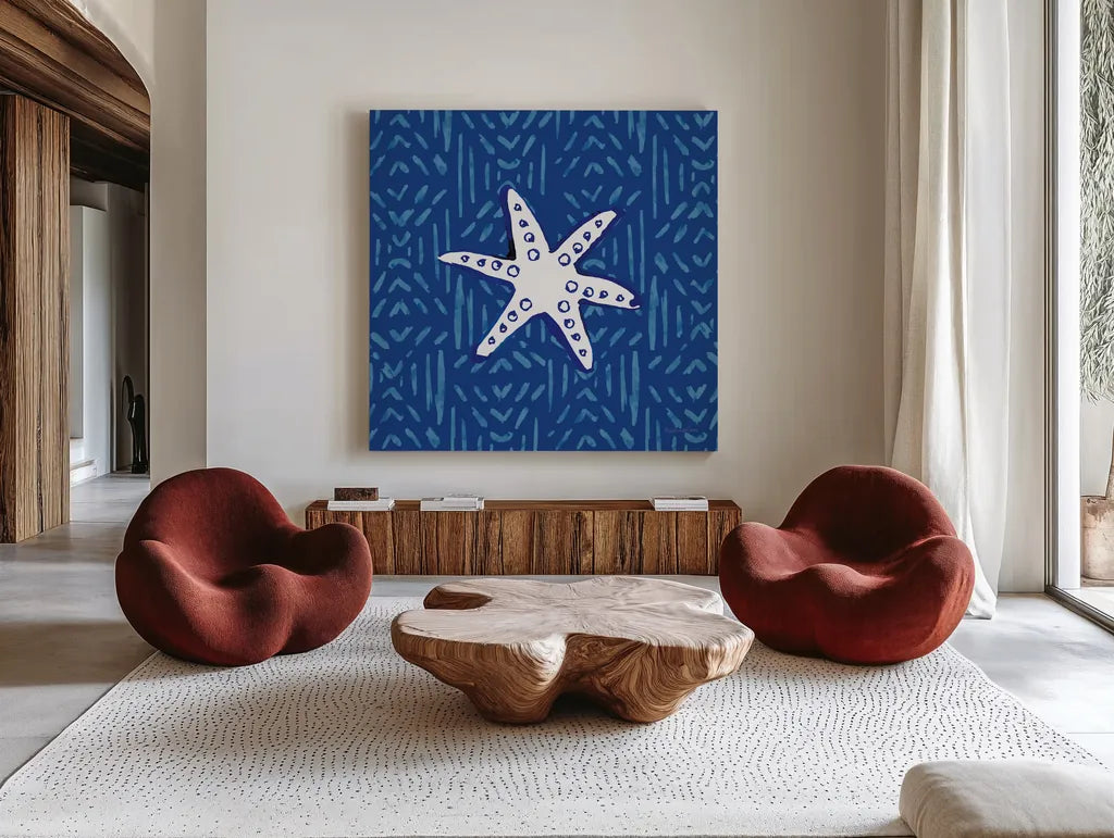 Salty Waves X by Mercedes Lopez Charro. Shown as extra-large giant wall art in a modern living room. Available as an archival giclee rolled canvas, fine art paper, or poster print. SKU 78681a.