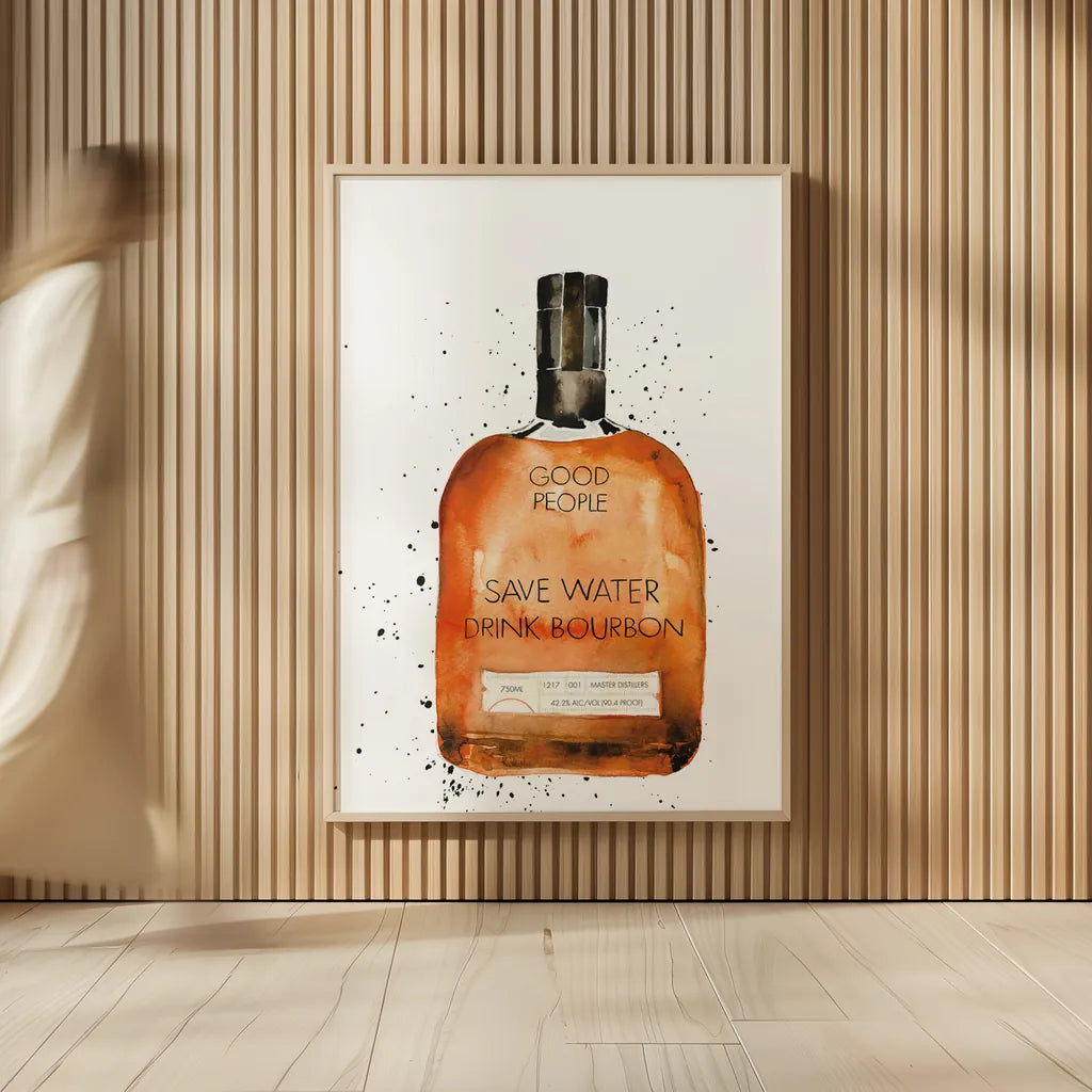 Save Water Drink Bourbon by Mercedes Lopez Charro. shown as over sized large wall art. Available as an archival giclee rolled canvas, fine art paper, or poster print. SKU 66450h.