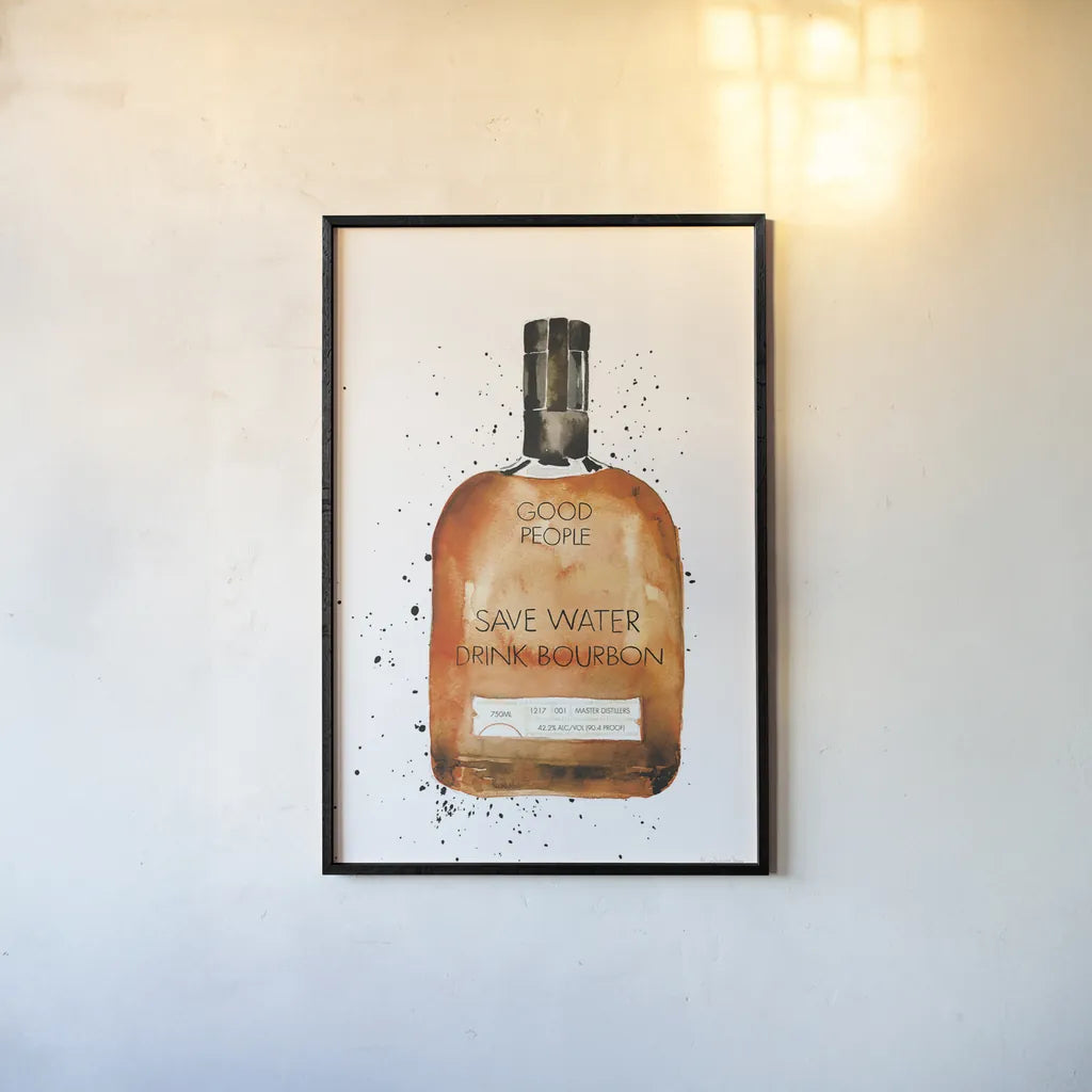 Save Water Drink Bourbon by Mercedes Lopez Charro. shown as a paper print in a black flame. Available as a archival giclee rolled canvas, fine art paper, or poster print. SKU 66450h.
