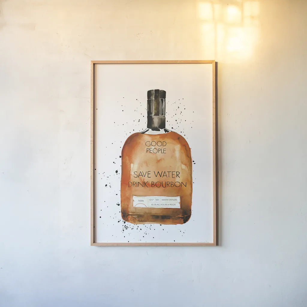 Save Water Drink Bourbon by Mercedes Lopez Charro. shown as a paper print in a natural frame. Available as a archival giclee rolled canvas, fine art paper, or poster print. SKU 66450h.