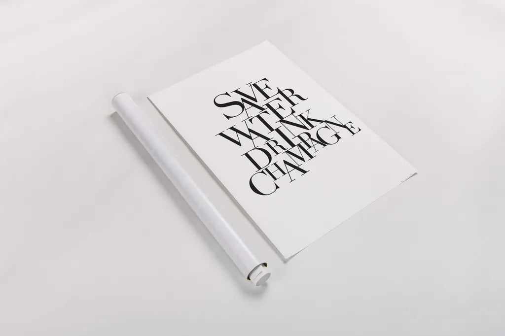 Save Water Drink Champagne by Mercedes Lopez Charro. shown as a rolled paper print. Available as archival giclee rolled canvas, fine art paper, or poster print. SKU 66613h.