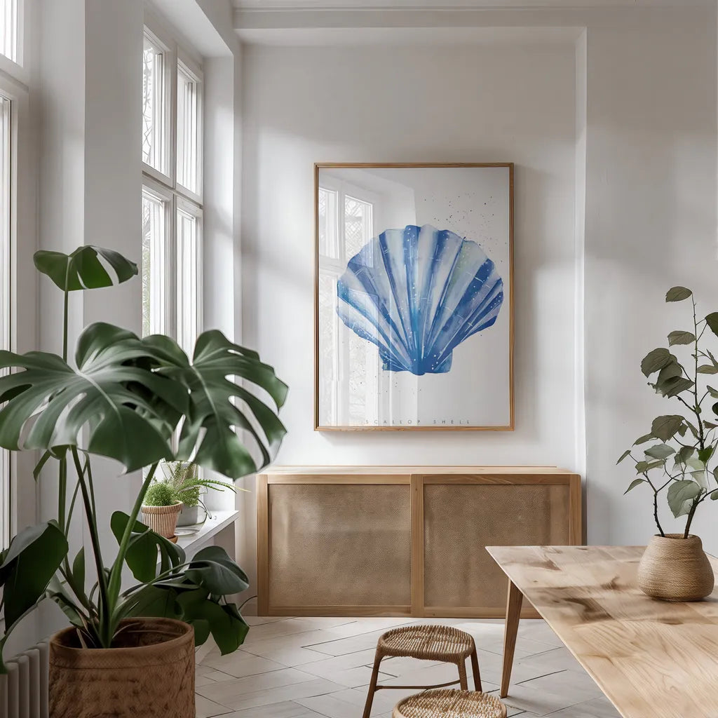 Scallop Shell by Mercedes Lopez Charro. shown as a print in a natural wood frame in a dining room. Available as a archival giclee rolled canvas, fine art paper, or poster print. SKU 69379h.