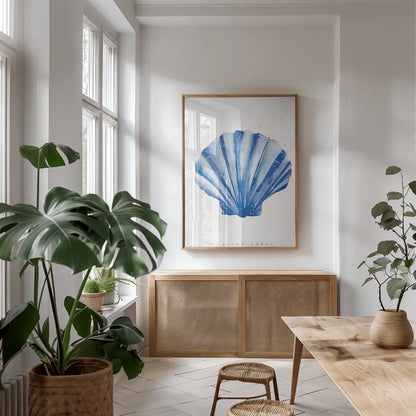 Scallop Shell by Mercedes Lopez Charro. shown as a print in a natural wood frame in a dining room. Available as a archival giclee rolled canvas, fine art paper, or poster print. SKU 69379h.