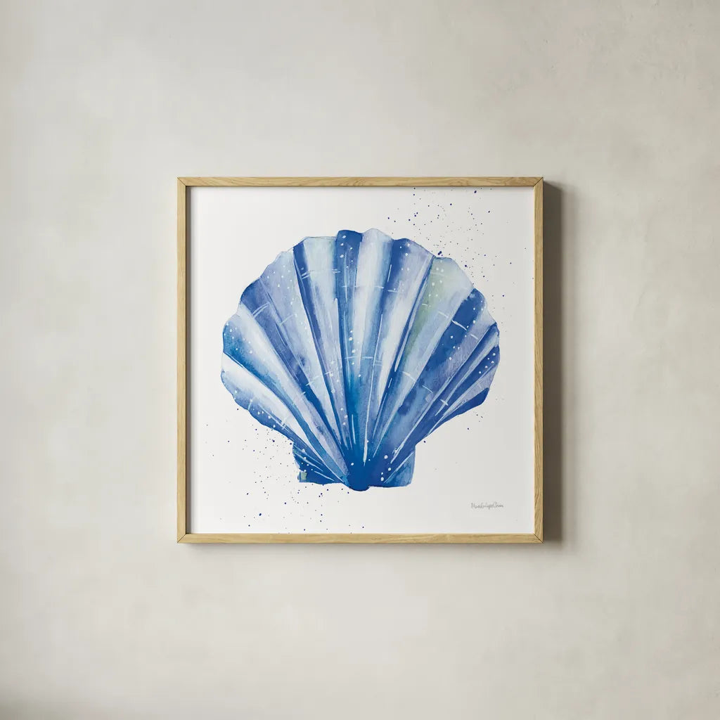 Scallop Shell Sq by Mercedes Lopez Charro. Shown in a natural wood glass frame for a timeless modern aesthetic. Available as an archival giclee rolled canvas, fine art paper, or poster print. SKU 70066a.