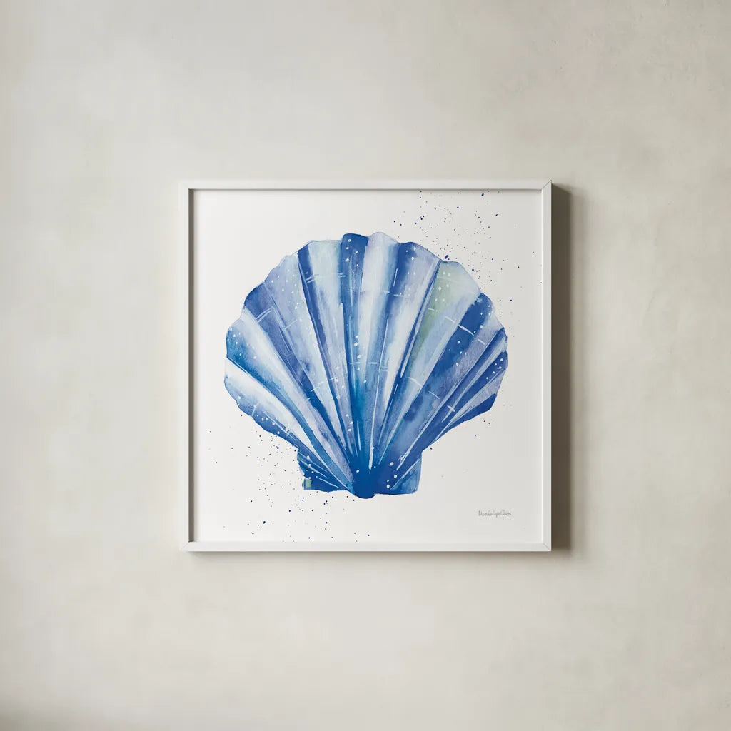Scallop Shell Sq by Mercedes Lopez Charro. Shown in a crisp white glass frame for a clean and minimalist style. Available as an archival giclee rolled canvas, fine art paper, or poster print. SKU 70066a.