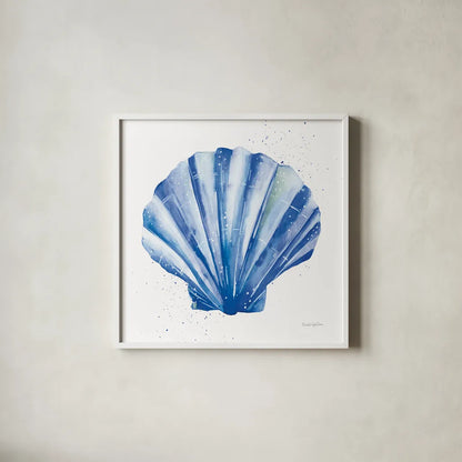 Scallop Shell Sq by Mercedes Lopez Charro. Shown in a crisp white glass frame for a clean and minimalist style. Available as an archival giclee rolled canvas, fine art paper, or poster print. SKU 70066a.