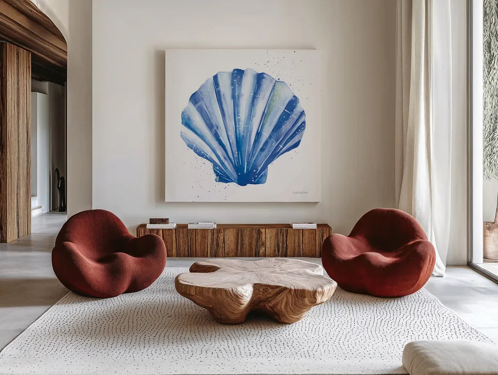 Scallop Shell Sq by Mercedes Lopez Charro. Shown as extra-large giant wall art in a modern living room. Available as an archival giclee rolled canvas, fine art paper, or poster print. SKU 70066a.