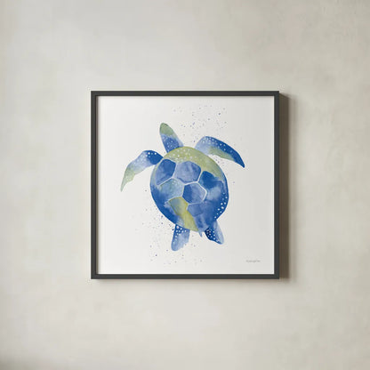 Sea Turtle by Mercedes Lopez Charro. Shown in a sleek black glass frame for a contemporary gallery look. Available as an archival giclee rolled canvas, fine art paper, or poster print. SKU 69380a.