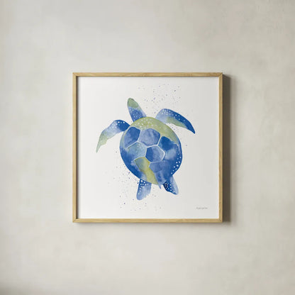 Sea Turtle by Mercedes Lopez Charro. Shown in a natural wood glass frame for a timeless modern aesthetic. Available as an archival giclee rolled canvas, fine art paper, or poster print. SKU 69380a.