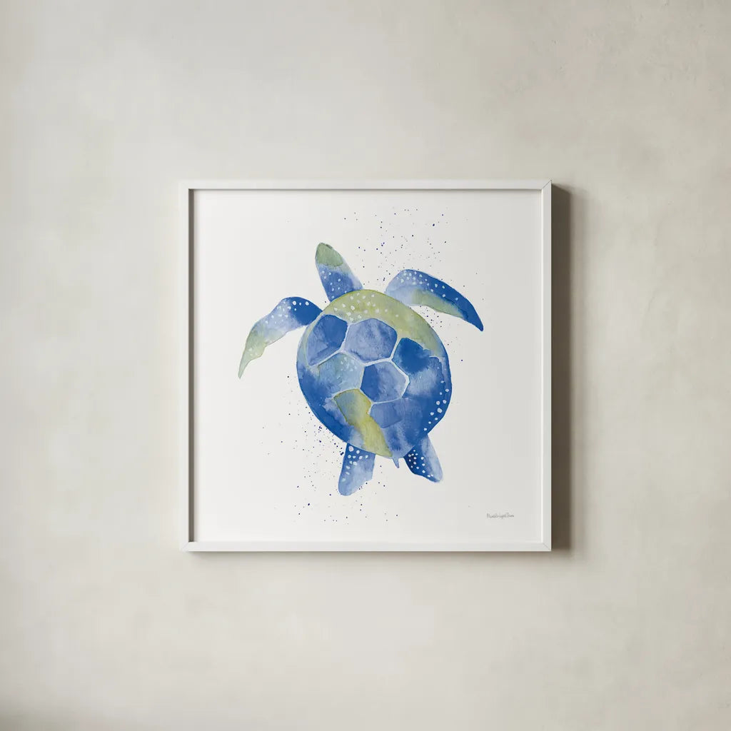 Sea Turtle by Mercedes Lopez Charro. Shown in a crisp white glass frame for a clean and minimalist style. Available as an archival giclee rolled canvas, fine art paper, or poster print. SKU 69380a.