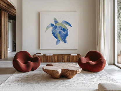 Sea Turtle by Mercedes Lopez Charro. Shown as extra-large giant wall art in a modern living room. Available as an archival giclee rolled canvas, fine art paper, or poster print. SKU 69380a.