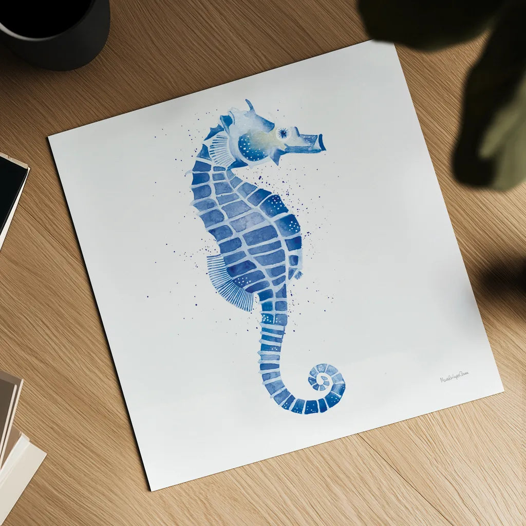 Seahorse by Mercedes Lopez Charro. Shown as a detailed flat fine art print, highlighting archival giclee quality. Available as an archival giclee rolled canvas, fine art paper, or poster print. SKU 69376a.
