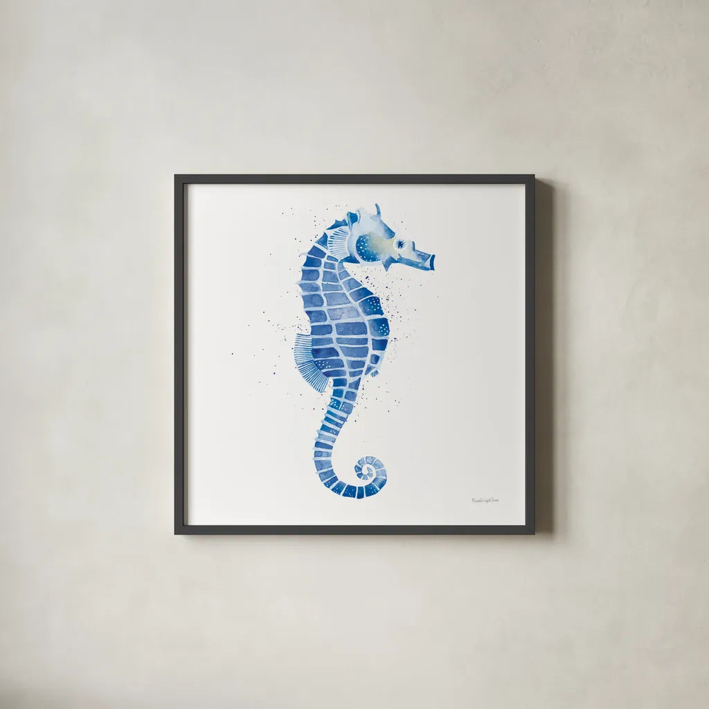 Seahorse by Mercedes Lopez Charro. Shown in a sleek black glass frame for a contemporary gallery look. Available as an archival giclee rolled canvas, fine art paper, or poster print. SKU 69376a.