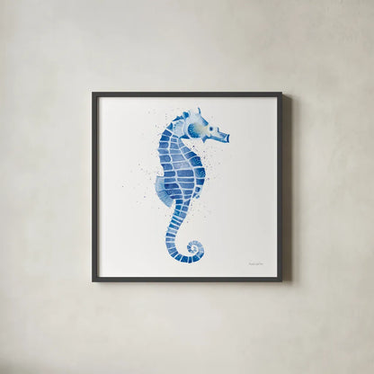 Seahorse by Mercedes Lopez Charro. Shown in a sleek black glass frame for a contemporary gallery look. Available as an archival giclee rolled canvas, fine art paper, or poster print. SKU 69376a.