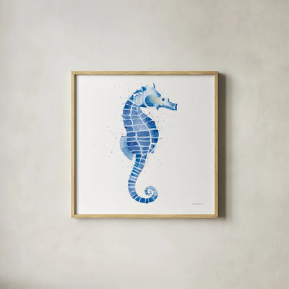 Seahorse by Mercedes Lopez Charro. Shown in a natural wood glass frame for a timeless modern aesthetic. Available as an archival giclee rolled canvas, fine art paper, or poster print. SKU 69376a.