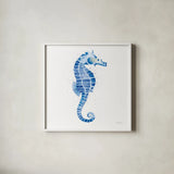 Seahorse by Mercedes Lopez Charro. Shown in a crisp white glass frame for a clean and minimalist style. Available as an archival giclee rolled canvas, fine art paper, or poster print. SKU 69376a.