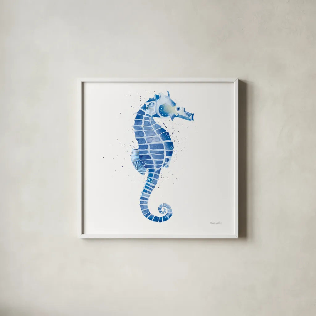 Seahorse by Mercedes Lopez Charro. Shown in a crisp white glass frame for a clean and minimalist style. Available as an archival giclee rolled canvas, fine art paper, or poster print. SKU 69376a.