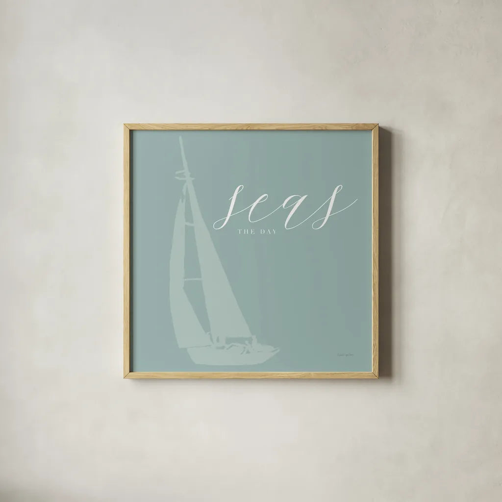 Seas the Day by Mercedes Lopez Charro. Shown in a natural wood glass frame for a timeless modern aesthetic. Available as an archival giclee rolled canvas, fine art paper, or poster print. SKU 68301a.