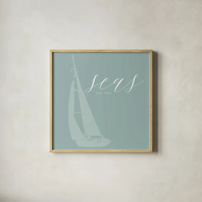 Seas the Day by Mercedes Lopez Charro. Shown in a natural wood glass frame for a timeless modern aesthetic. Available as an archival giclee rolled canvas, fine art paper, or poster print. SKU 68301a.
