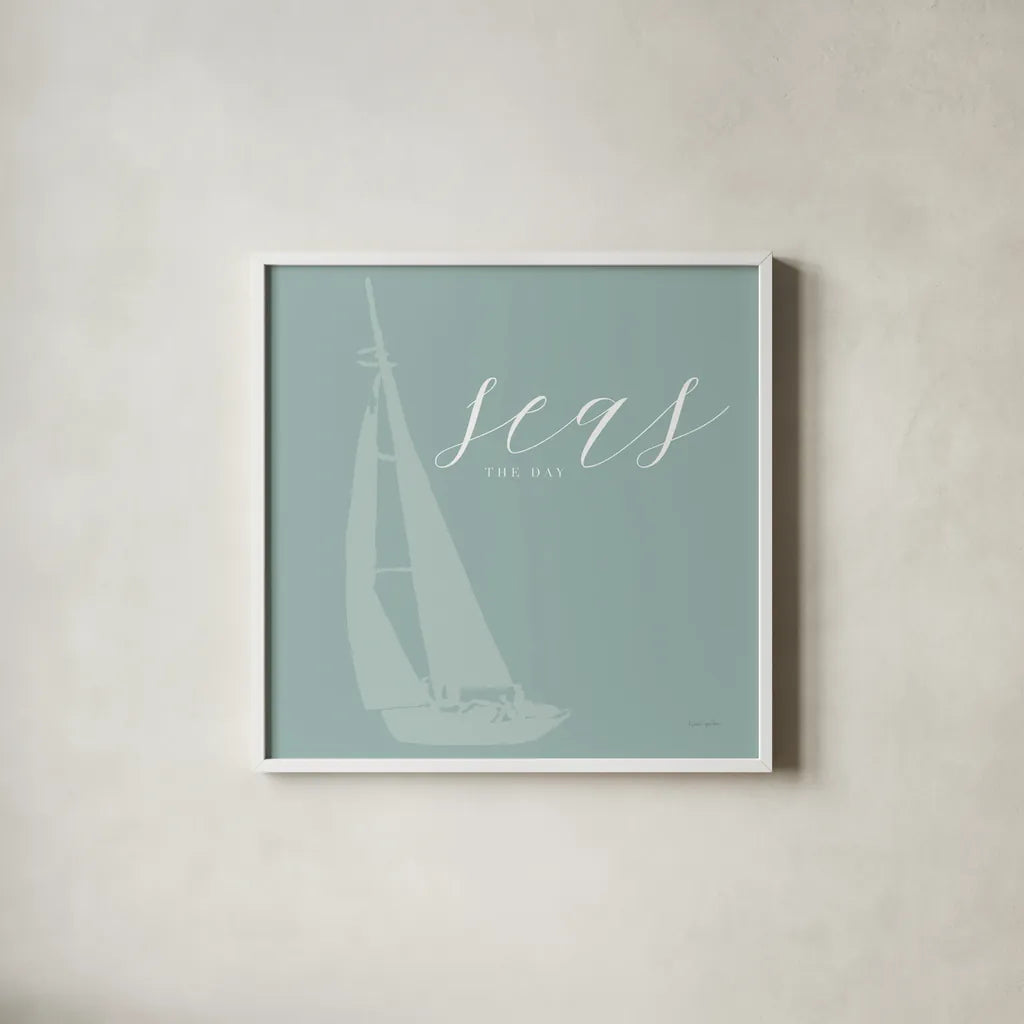 Seas the Day by Mercedes Lopez Charro. Shown in a crisp white glass frame for a clean and minimalist style. Available as an archival giclee rolled canvas, fine art paper, or poster print. SKU 68301a.