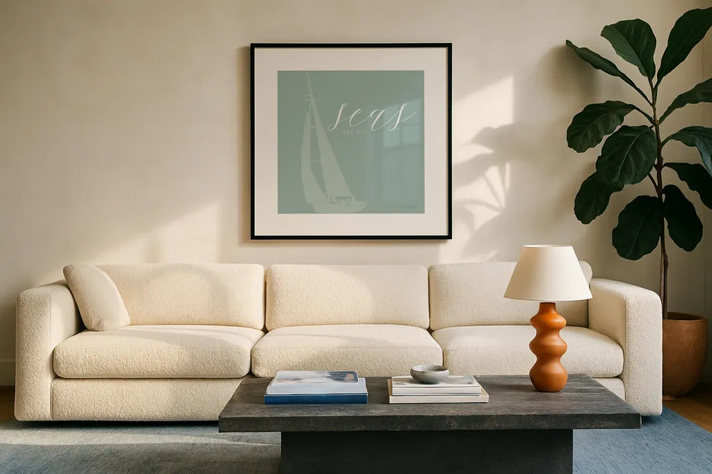 Seas the Day by Mercedes Lopez Charro. Displayed in a glass frame with matte in a clean modern living room. Available as an archival giclee rolled canvas, fine art paper, or poster print. SKU 68301a.