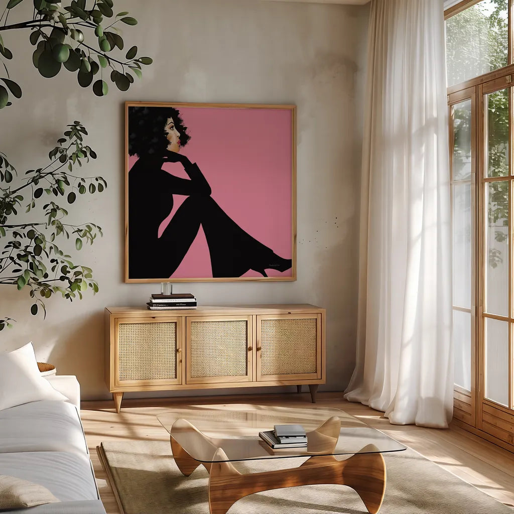 She is Everything I by Mercedes Lopez Charro. Shown in a natural wood frame in a cozy modern living room. Available as an archival giclee rolled canvas, fine art paper, or poster print. SKU 71322a.