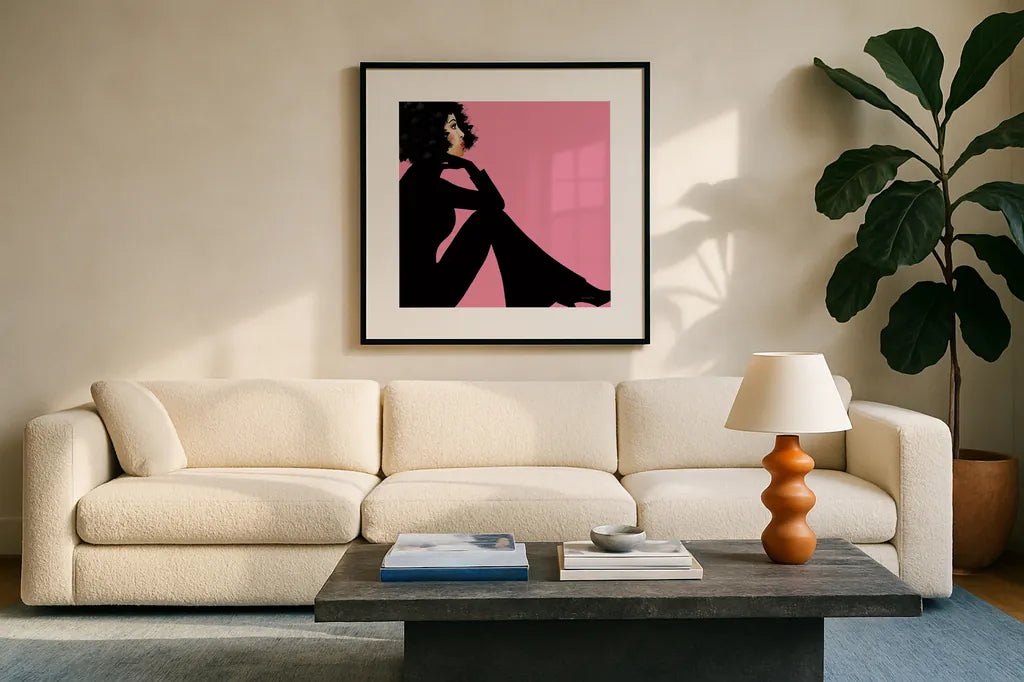 She is Everything I by Mercedes Lopez Charro. Displayed in a glass frame with matte in a clean modern living room. Available as an archival giclee rolled canvas, fine art paper, or poster print. SKU 71322a.