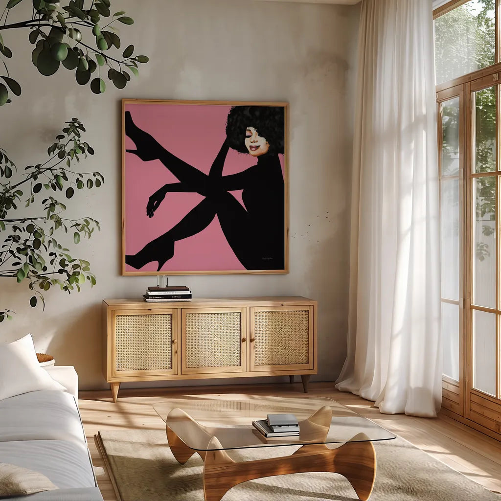 She is Everything II by Mercedes Lopez Charro. Shown in a natural wood frame in a cozy modern living room. Available as an archival giclee rolled canvas, fine art paper, or poster print. SKU 71323a.