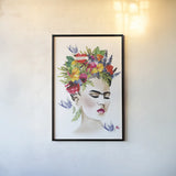She is Frida by Mercedes Lopez Charro. shown as a paper print in a black flame. Available as a archival giclee rolled canvas, fine art paper, or poster print. SKU 68092h.