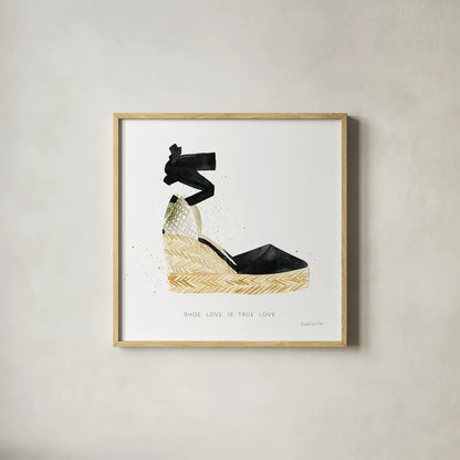 Shoe Love is True Love by Mercedes Lopez Charro. Shown in a natural wood glass frame for a timeless modern aesthetic. Available as an archival giclee rolled canvas, fine art paper, or poster print. SKU 70718a.