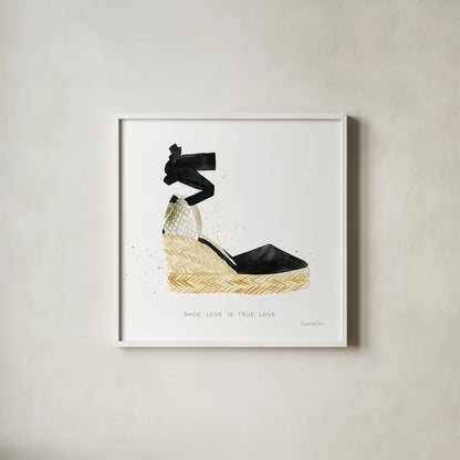 Shoe Love is True Love by Mercedes Lopez Charro. Shown in a crisp white glass frame for a clean and minimalist style. Available as an archival giclee rolled canvas, fine art paper, or poster print. SKU 70718a.