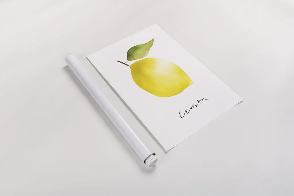 Single Lemon by Mercedes Lopez Charro. shown as a rolled paper print. Available as archival giclee rolled canvas, fine art paper, or poster print. SKU 67136h.