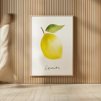 Single Lemon by Mercedes Lopez Charro. shown as over sized large wall art. Available as an archival giclee rolled canvas, fine art paper, or poster print. SKU 67136h.