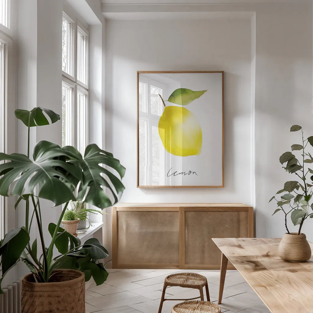 Single Lemon by Mercedes Lopez Charro. shown as a print in a natural wood frame in a dining room. Available as a archival giclee rolled canvas, fine art paper, or poster print. SKU 67136h.