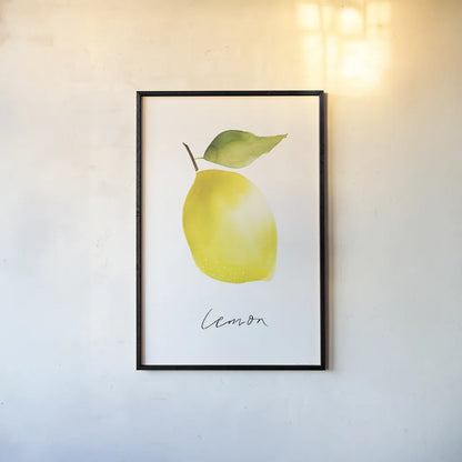 Single Lemon by Mercedes Lopez Charro. shown as a paper print in a black flame. Available as a archival giclee rolled canvas, fine art paper, or poster print. SKU 67136h.