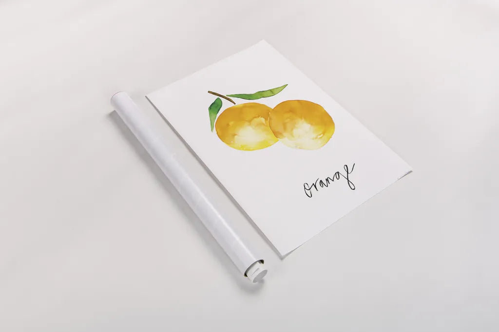 Single Orange by Mercedes Lopez Charro. shown as a rolled paper print. Available as archival giclee rolled canvas, fine art paper, or poster print. SKU 67135h.