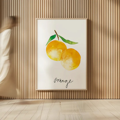 Single Orange by Mercedes Lopez Charro. shown as over sized large wall art. Available as an archival giclee rolled canvas, fine art paper, or poster print. SKU 67135h.