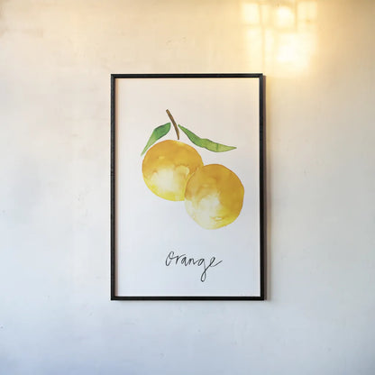 Single Orange by Mercedes Lopez Charro. shown as a paper print in a black flame. Available as a archival giclee rolled canvas, fine art paper, or poster print. SKU 67135h.