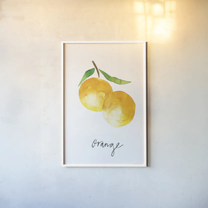 Single Orange by Mercedes Lopez Charro. shown as a paper print in a white frame. Available as a archival giclee rolled canvas, fine art paper, or poster print. SKU 67135h.