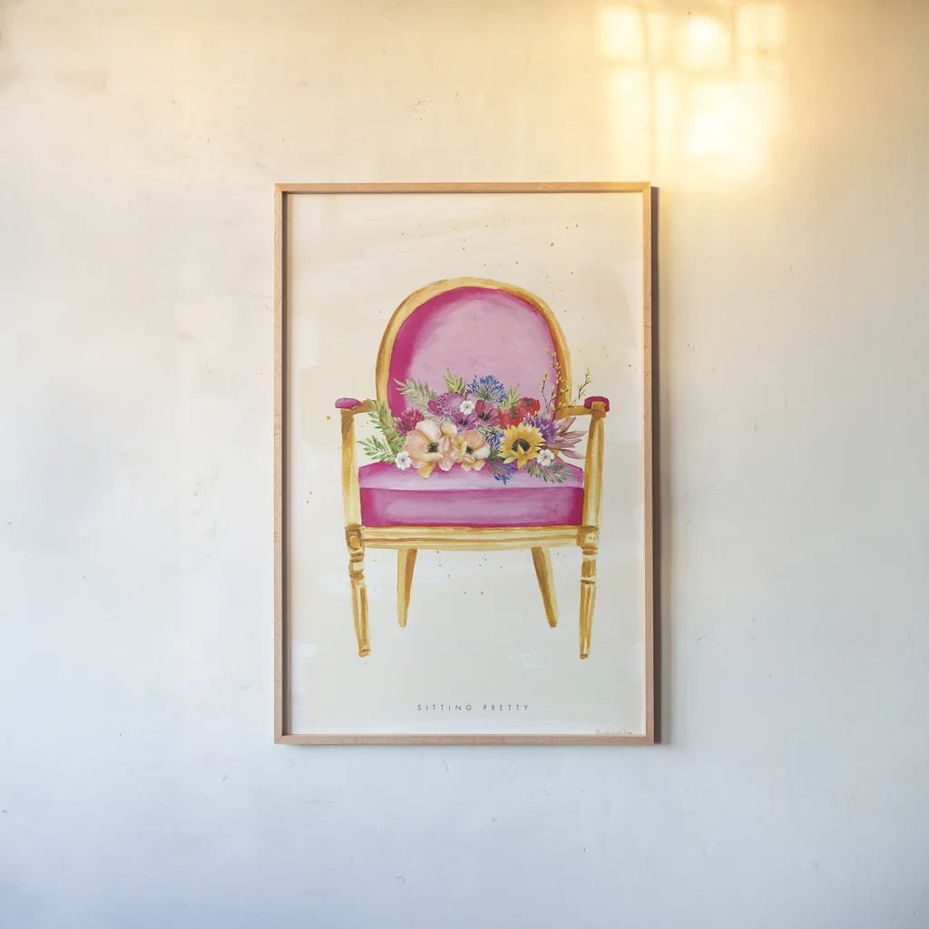 Sitting Pretty I by Mercedes Lopez Charro. shown as a paper print in a natural frame. Available as a archival giclee rolled canvas, fine art paper, or poster print. SKU 72238h.